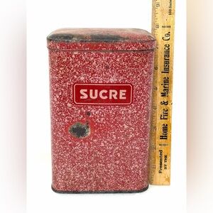 Vintage French Enamelware SUCRE Canister Red Speckled Kitchen Tin